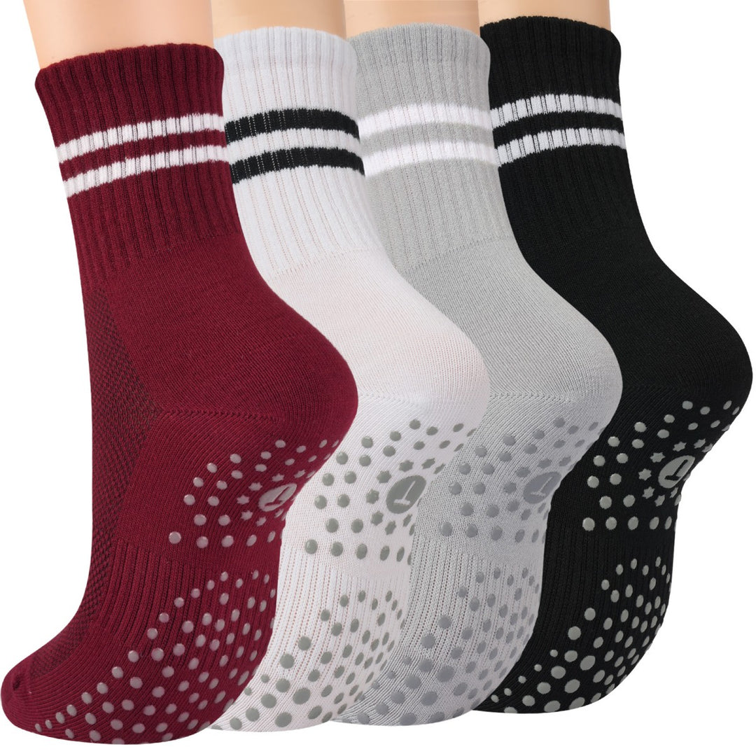Burgundy Classic Stripe Crew Grip Socks(4 pairs)