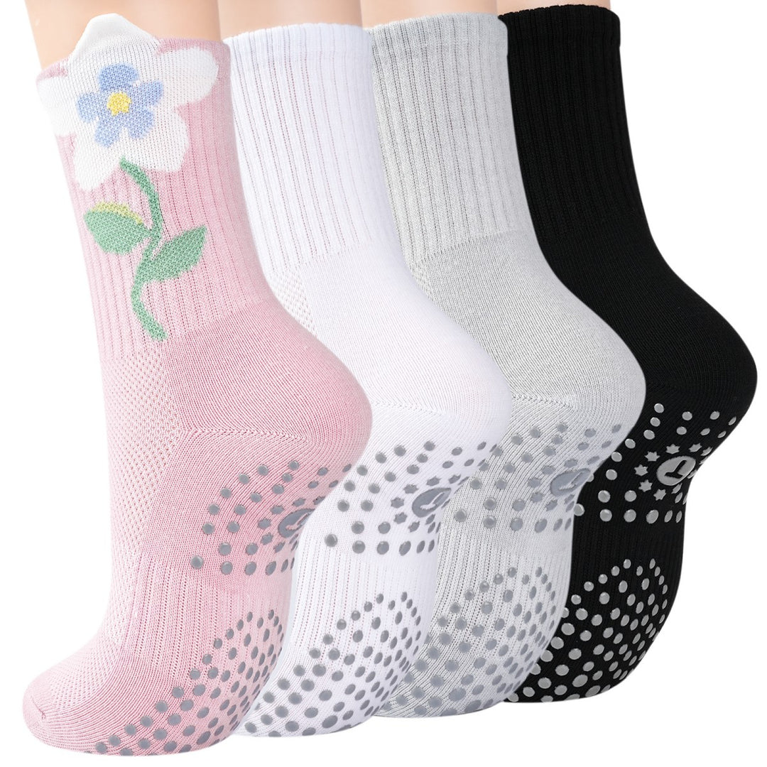 Flower Crew Grip Socks for Pilates(4 pairs)
