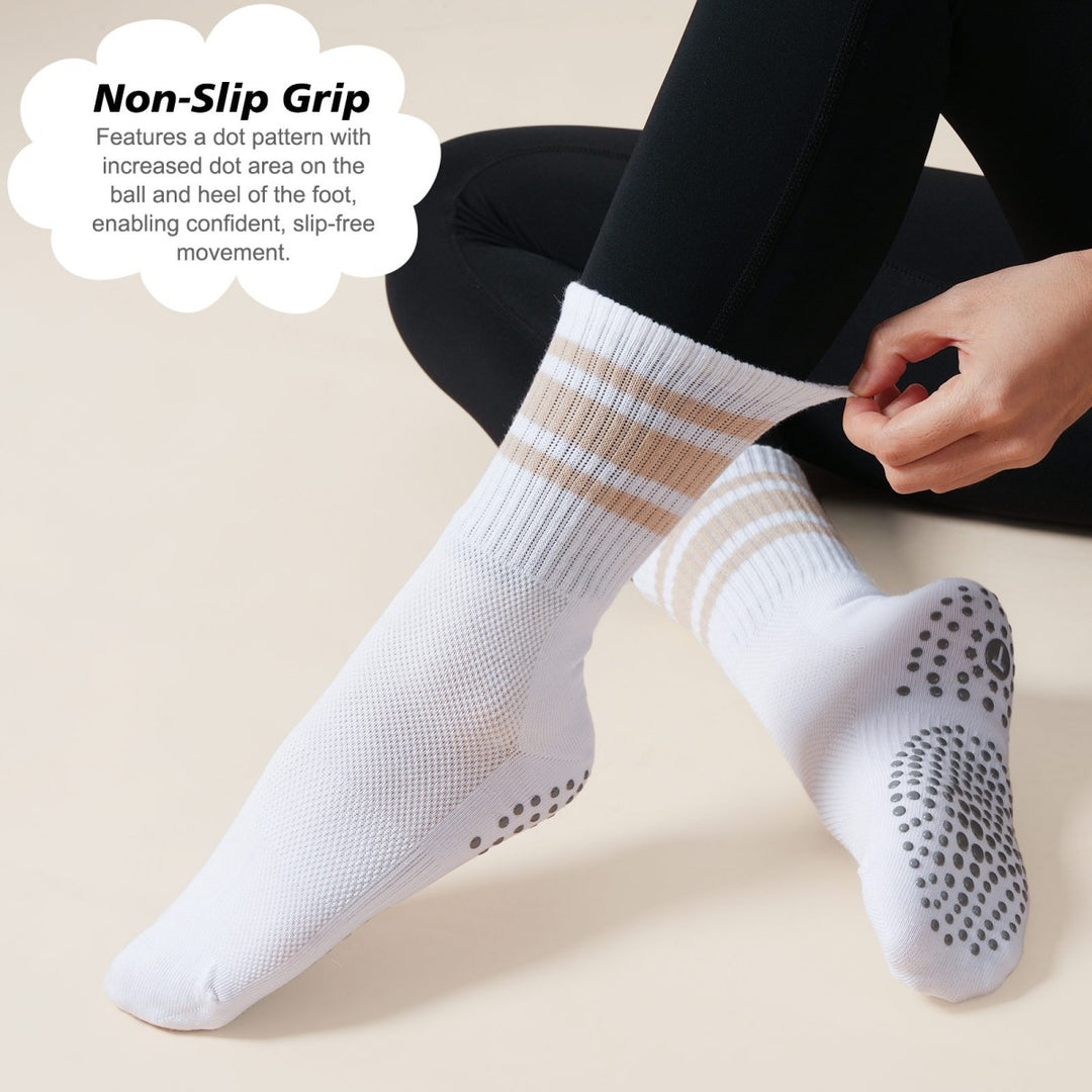 Neutral Stripe Crew Grip Socks for Pilates(4 pairs)