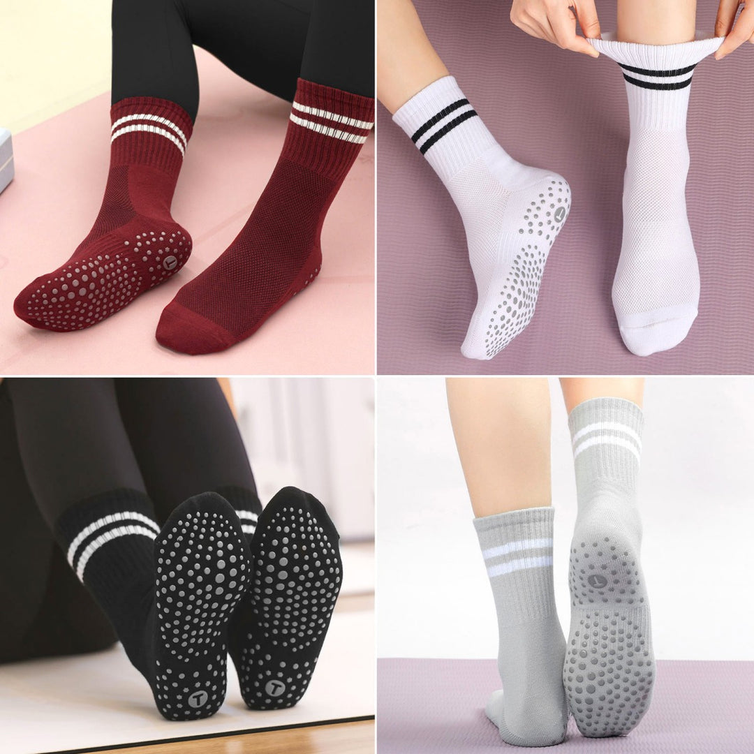 Burgundy Classic Stripe Crew Grip Socks(4 pairs)