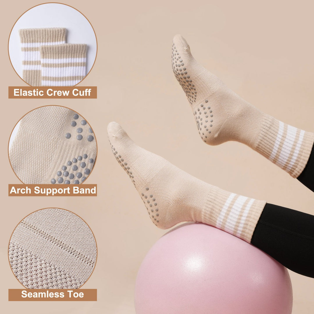 Neutral Stripe Crew Grip Socks for Pilates(4 pairs)