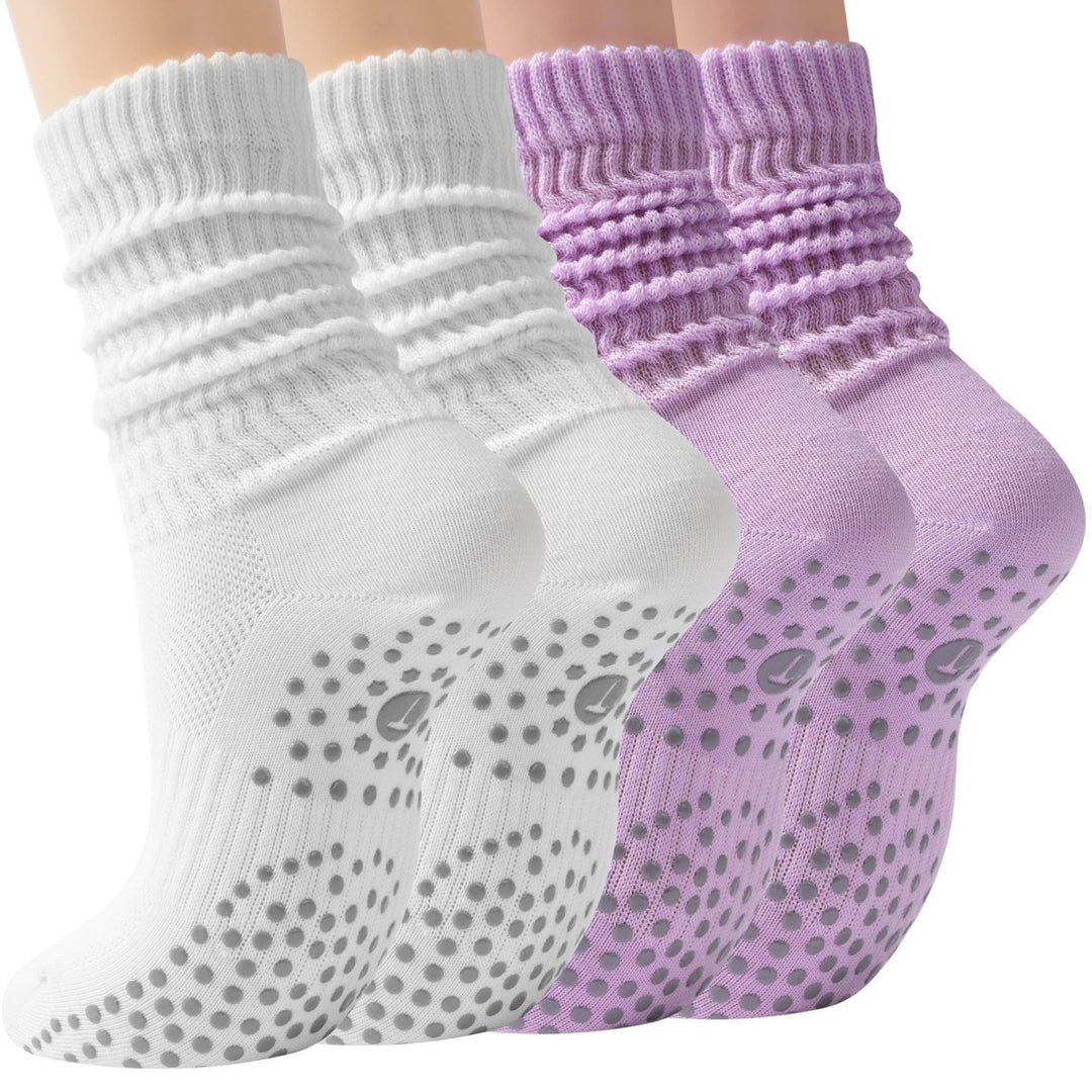 White & Lavender Scrunch Grip Socks for Pilates(2 pairs)
