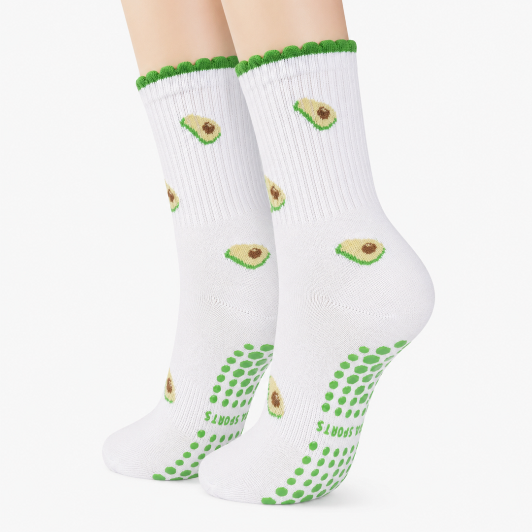 Cute Avocado & Blue Bow Pilates Grip Socks